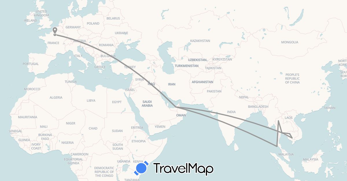 TravelMap itinerary: driving, plane in United Arab Emirates, France, Cambodia, Thailand (Asia, Europe)